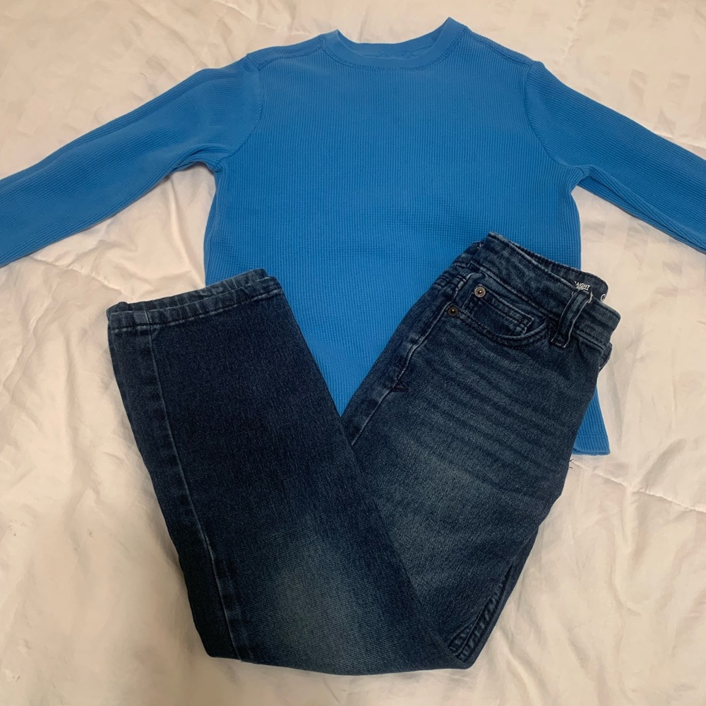 Boys Blue Cat and Jack Waffle Weave Shirt Adjustable Waist Jeans Outfit Size 7